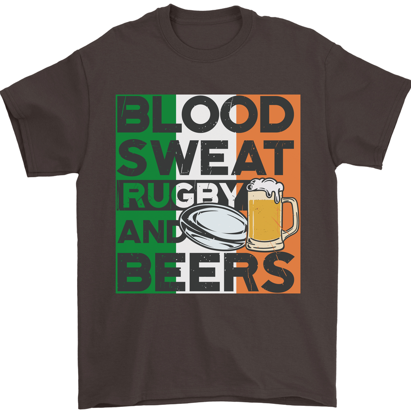 Blood Sweat Rugby and Beers Ireland Funny Mens T-Shirt Cotton Gildan Dark Chocolate