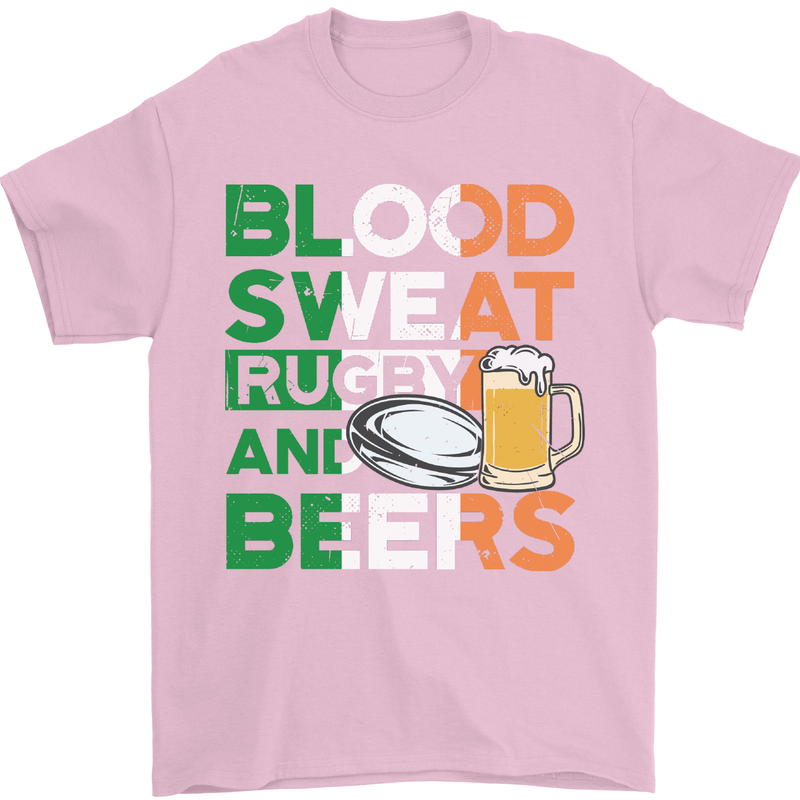Blood Sweat Rugby and Beers Ireland Funny Mens T-Shirt Cotton Gildan Light Pink