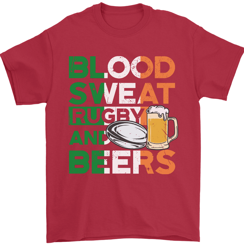 Blood Sweat Rugby and Beers Ireland Funny Mens T-Shirt Cotton Gildan Red