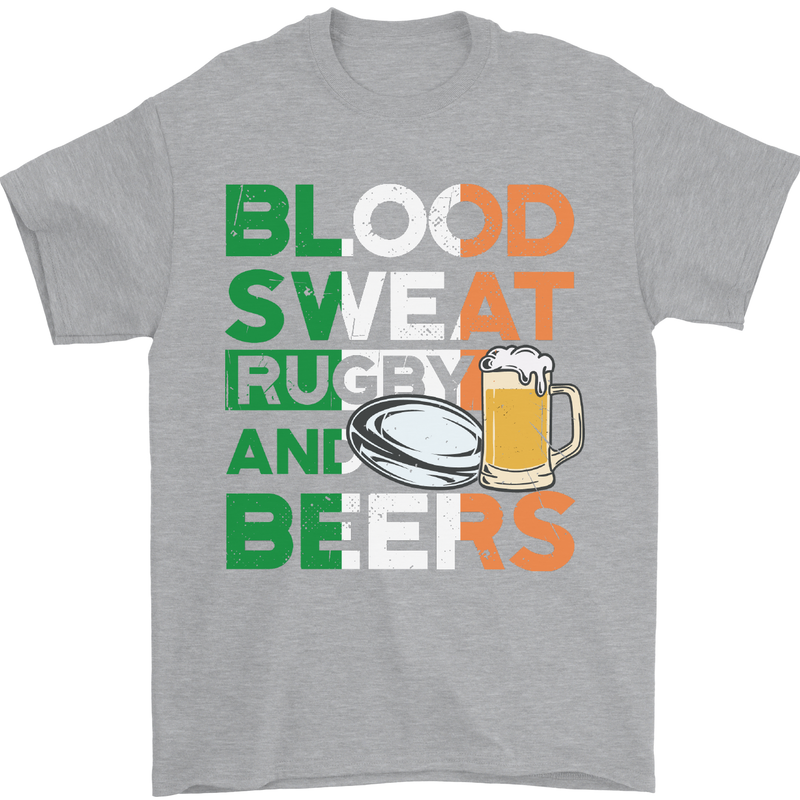 Blood Sweat Rugby and Beers Ireland Funny Mens T-Shirt Cotton Gildan Sports Grey