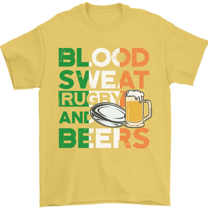 Blood Sweat Rugby and Beers Ireland Funny Mens T-Shirt Cotton Gildan Yellow