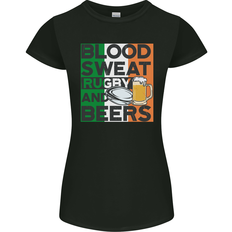 Blood Sweat Rugby and Beers Ireland Funny Womens Petite Cut T-Shirt Black