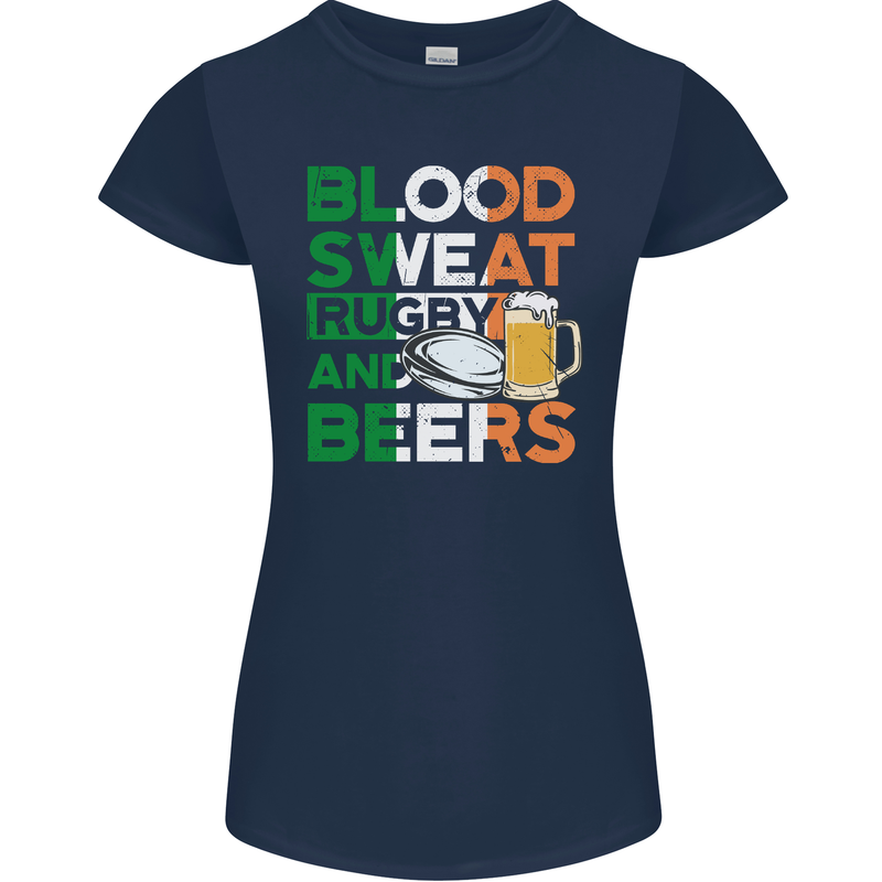 Blood Sweat Rugby and Beers Ireland Funny Womens Petite Cut T-Shirt Navy Blue
