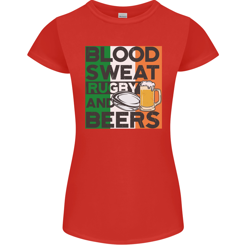 Blood Sweat Rugby and Beers Ireland Funny Womens Petite Cut T-Shirt Red