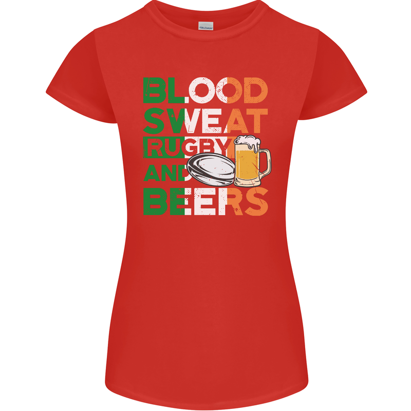 Blood Sweat Rugby and Beers Ireland Funny Womens Petite Cut T-Shirt Red