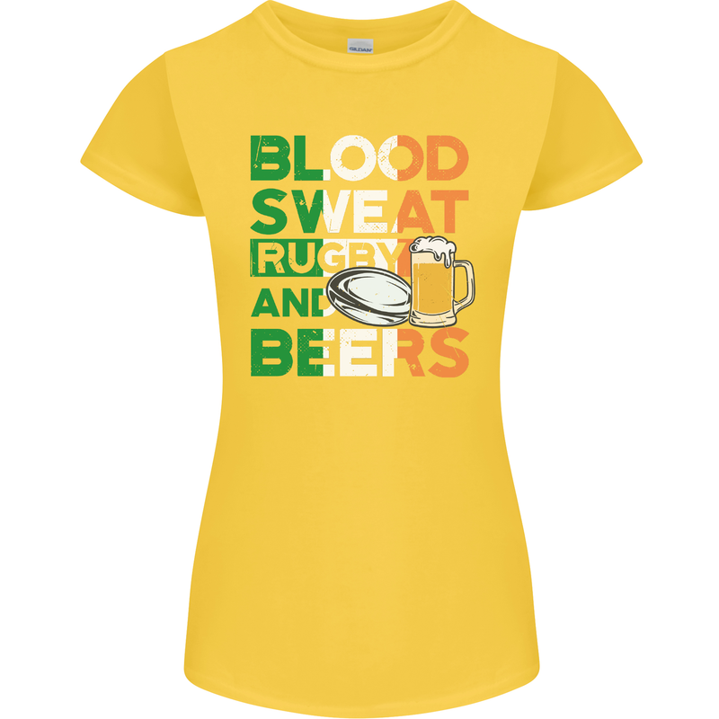 Blood Sweat Rugby and Beers Ireland Funny Womens Petite Cut T-Shirt Yellow