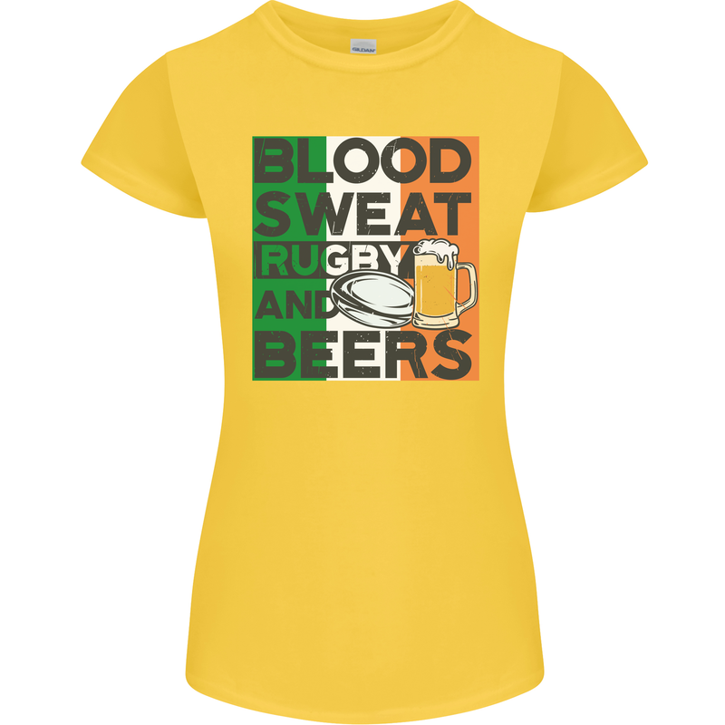Blood Sweat Rugby and Beers Ireland Funny Womens Petite Cut T-Shirt Yellow