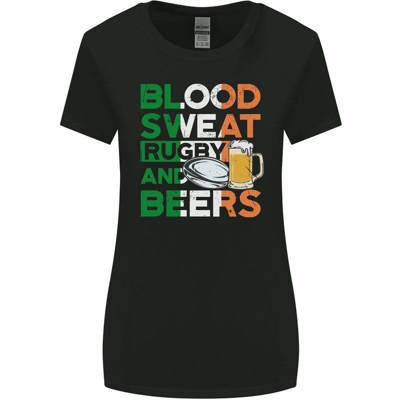 Blood Sweat Rugby and Beers Ireland Funny Womens Wider Cut T-Shirt Black