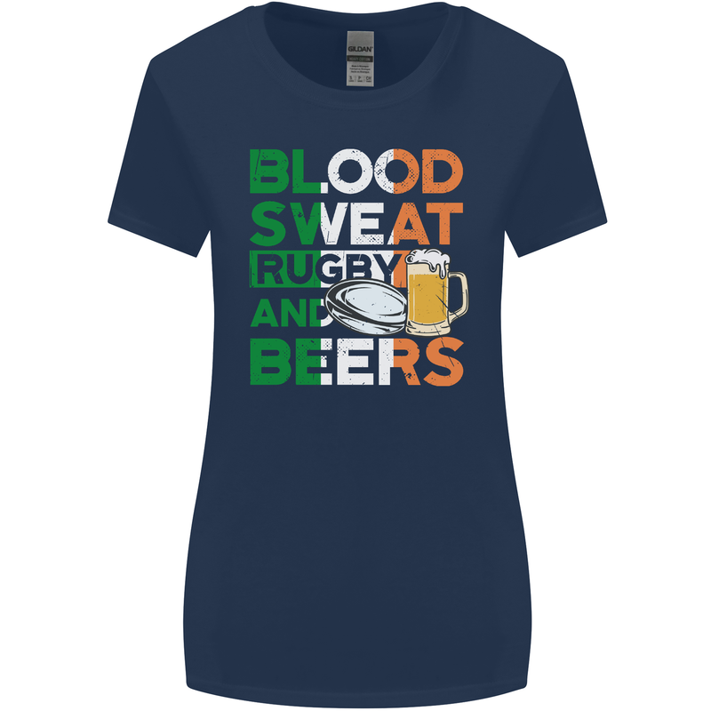 Blood Sweat Rugby and Beers Ireland Funny Womens Wider Cut T-Shirt Navy Blue