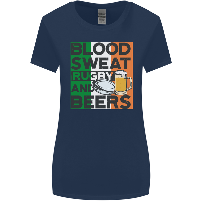 Blood Sweat Rugby and Beers Ireland Funny Womens Wider Cut T-Shirt Navy Blue