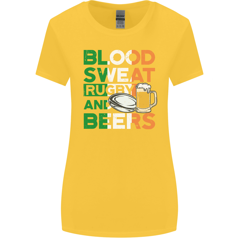 Blood Sweat Rugby and Beers Ireland Funny Womens Wider Cut T-Shirt Yellow