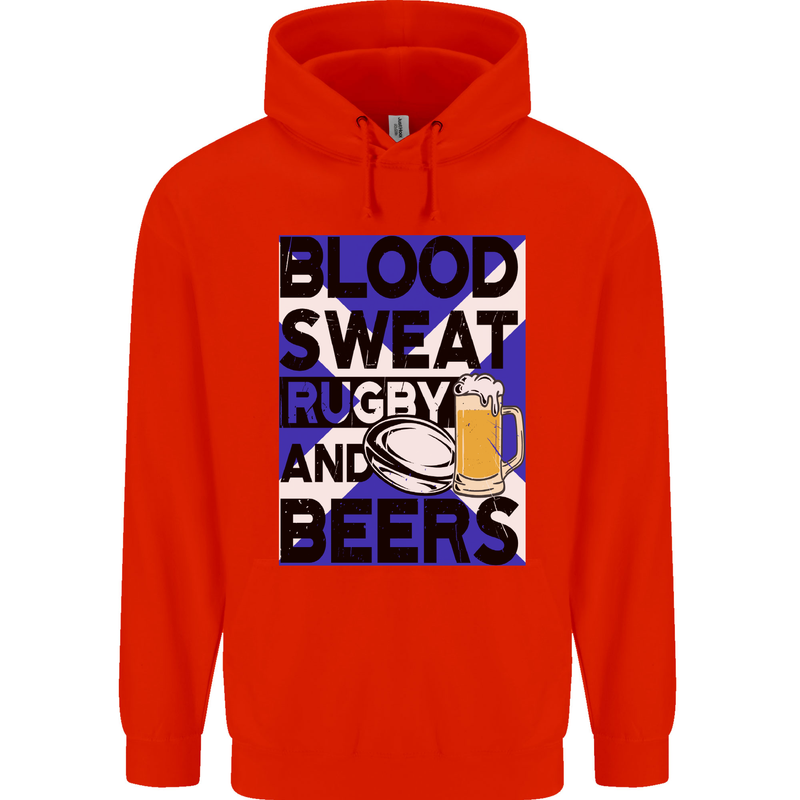 Blood Sweat Rugby and Beers Scotland Funny Mens 80% Cotton Hoodie Bright Red
