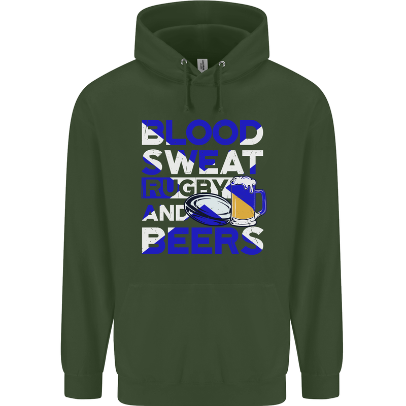 Blood Sweat Rugby and Beers Scotland Funny Mens 80% Cotton Hoodie Forest Green