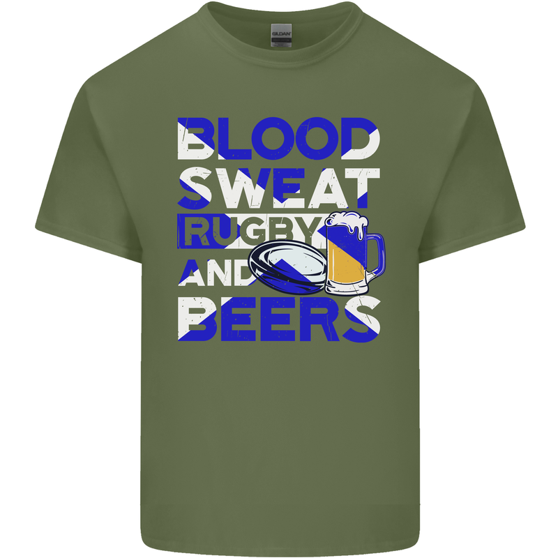 Blood Sweat Rugby and Beers Scotland Funny Mens Cotton T-Shirt Tee Top Military Green