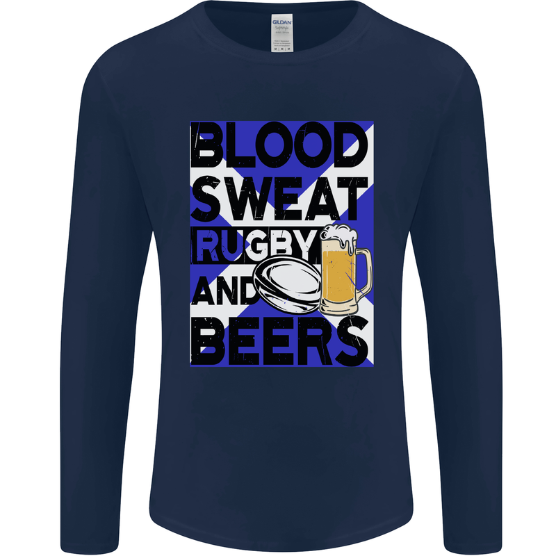 Blood Sweat Rugby and Beers Scotland Funny Mens Long Sleeve T-Shirt Navy Blue