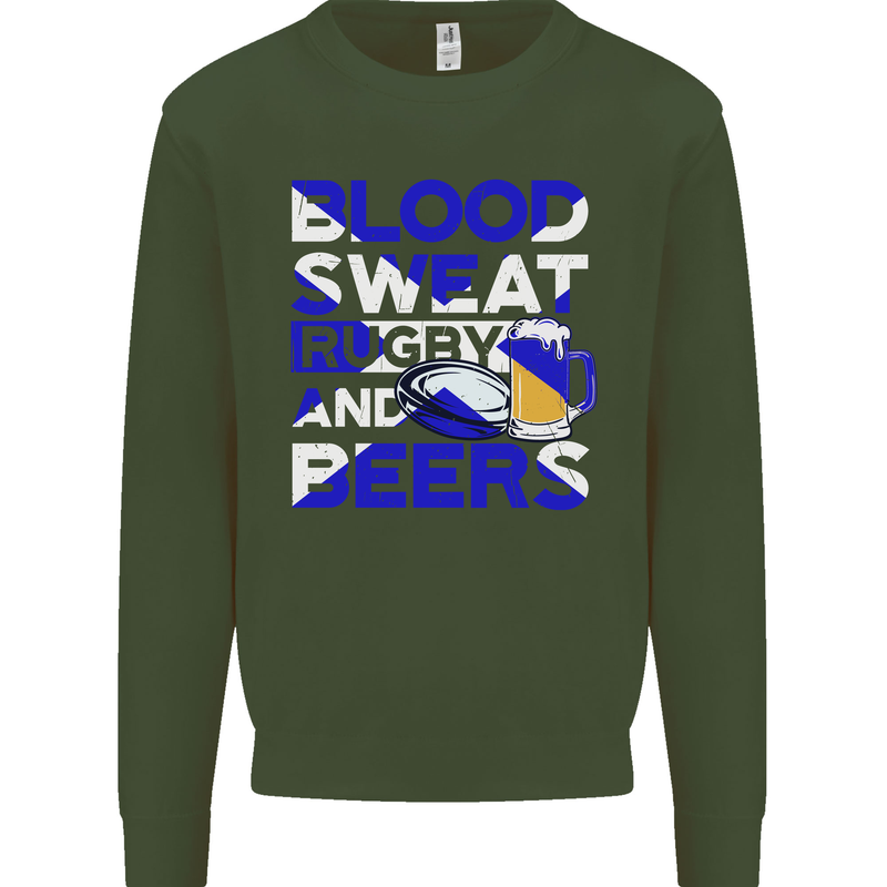 Blood Sweat Rugby and Beers Scotland Funny Mens Sweatshirt Jumper Forest Green
