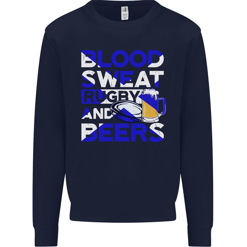 Blood Sweat Rugby and Beers Scotland Funny Mens Sweatshirt Jumper Navy Blue