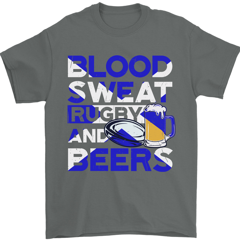 Blood Sweat Rugby and Beers Scotland Funny Mens T-Shirt Cotton Gildan Charcoal