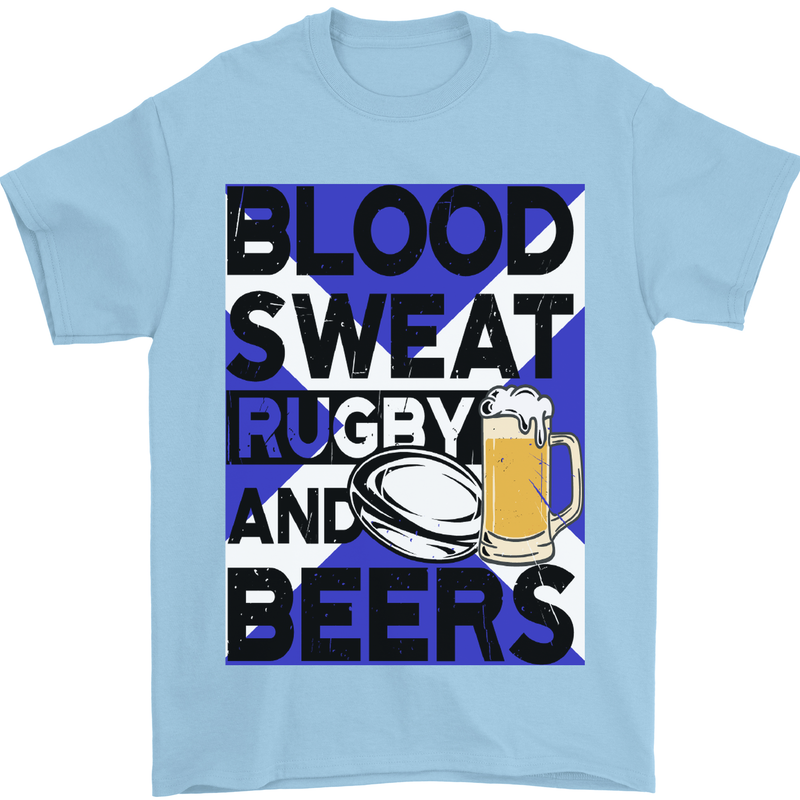 Blood Sweat Rugby and Beers Scotland Funny Mens T-Shirt Cotton Gildan Light Blue