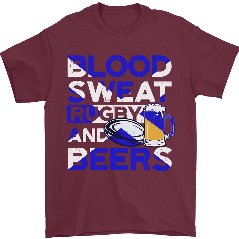 Blood Sweat Rugby and Beers Scotland Funny Mens T-Shirt Cotton Gildan Maroon