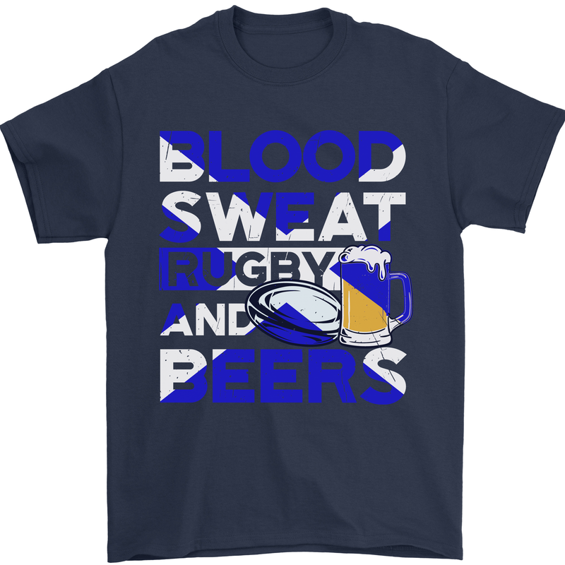 Blood Sweat Rugby and Beers Scotland Funny Mens T-Shirt Cotton Gildan Navy Blue