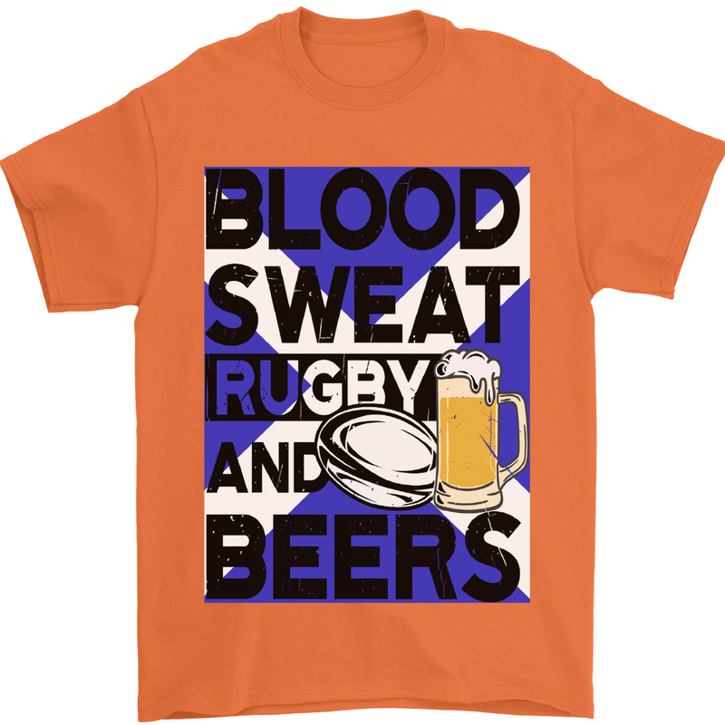 Blood Sweat Rugby and Beers Scotland Funny Mens T-Shirt Cotton Gildan Orange