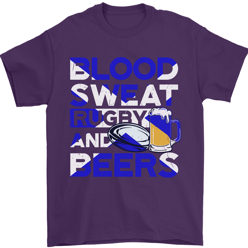 Blood Sweat Rugby and Beers Scotland Funny Mens T-Shirt Cotton Gildan Purple