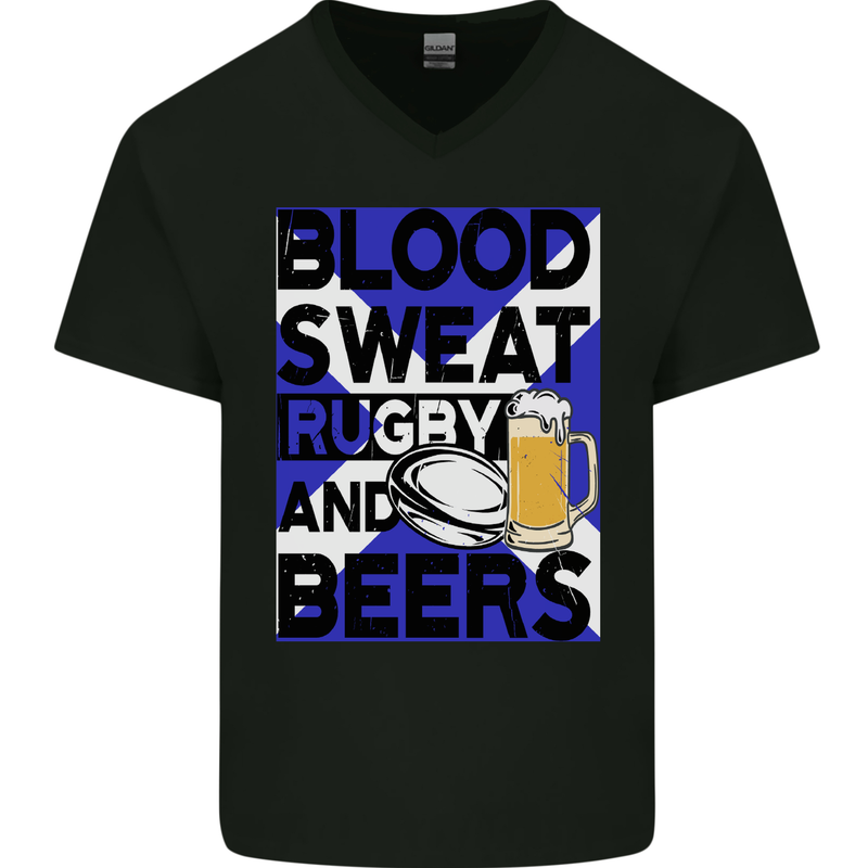 Blood Sweat Rugby and Beers Scotland Funny Mens V-Neck Cotton T-Shirt Black
