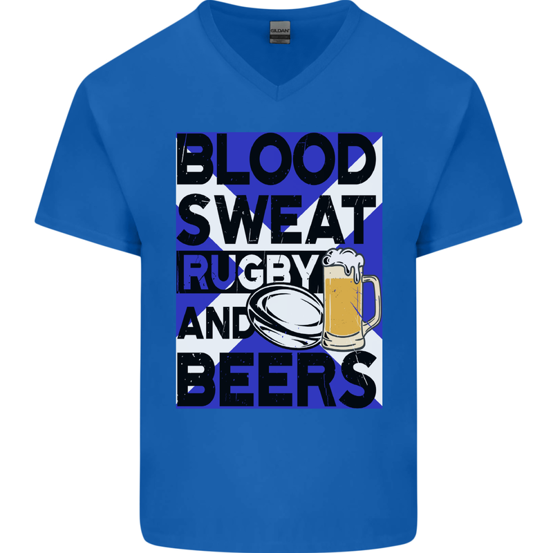 Blood Sweat Rugby and Beers Scotland Funny Mens V-Neck Cotton T-Shirt Royal Blue