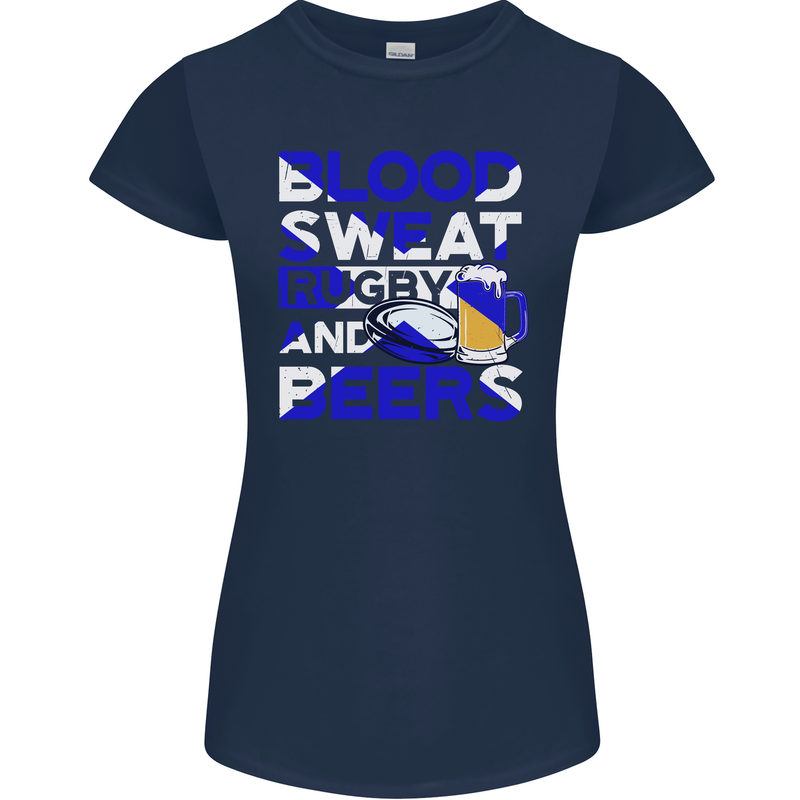 Blood Sweat Rugby and Beers Scotland Funny Womens Petite Cut T-Shirt Navy Blue