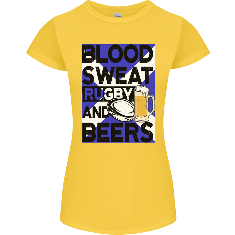 Blood Sweat Rugby and Beers Scotland Funny Womens Petite Cut T-Shirt Yellow
