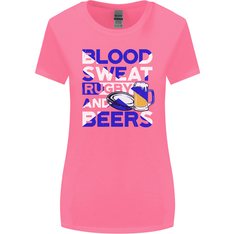 Blood Sweat Rugby and Beers Scotland Funny Womens Wider Cut T-Shirt Azalea