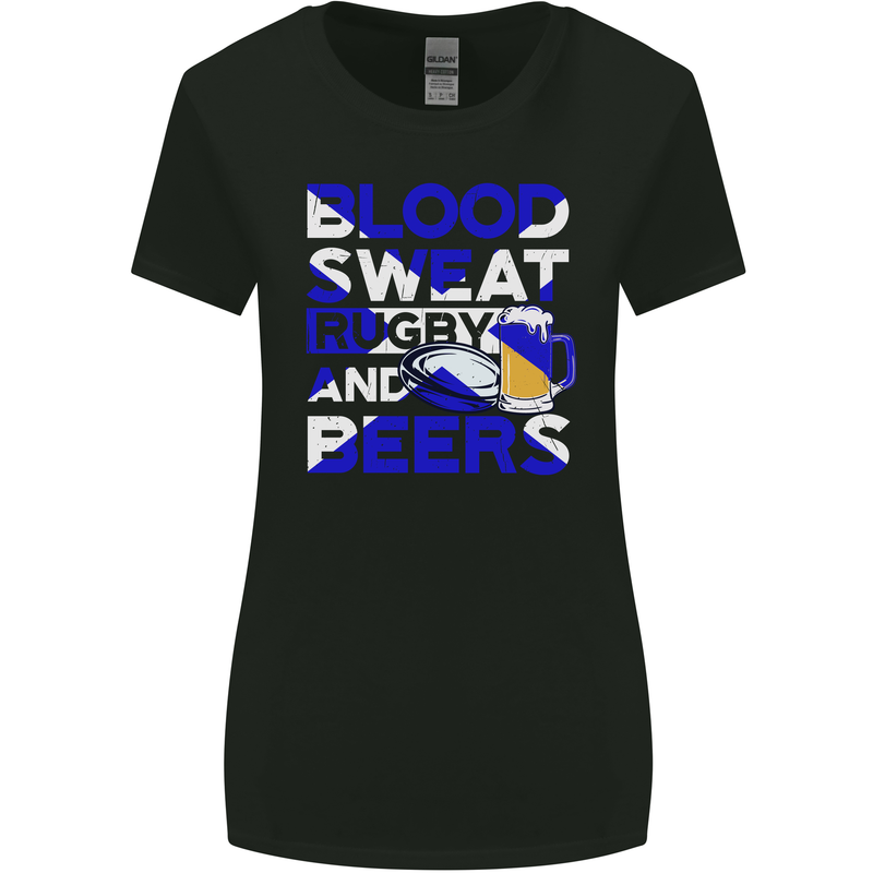 Blood Sweat Rugby and Beers Scotland Funny Womens Wider Cut T-Shirt Black