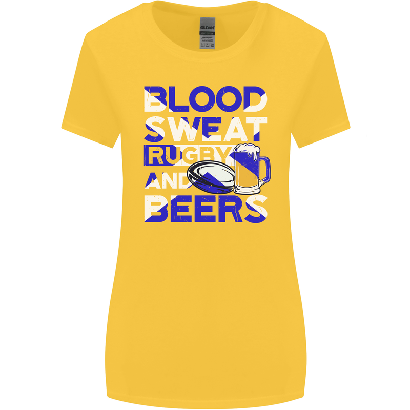 Blood Sweat Rugby and Beers Scotland Funny Womens Wider Cut T-Shirt Yellow