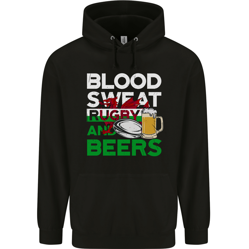 Blood Sweat Rugby and Beers Wales Funny Mens 80% Cotton Hoodie Black