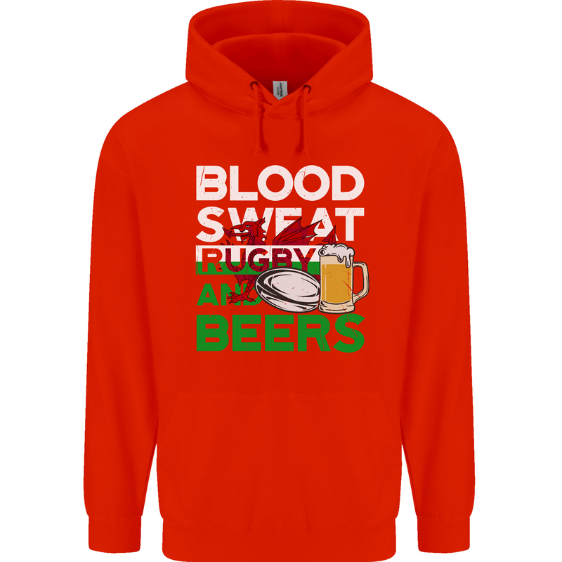 Blood Sweat Rugby and Beers Wales Funny Mens 80% Cotton Hoodie Bright Red