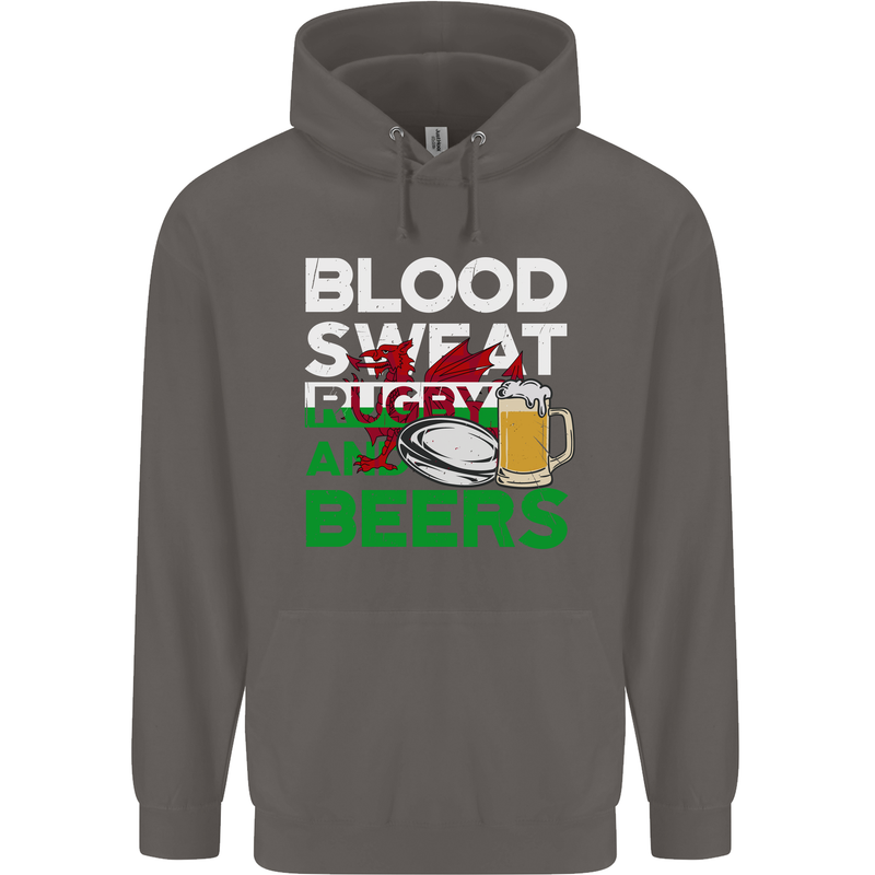 Blood Sweat Rugby and Beers Wales Funny Mens 80% Cotton Hoodie Charcoal
