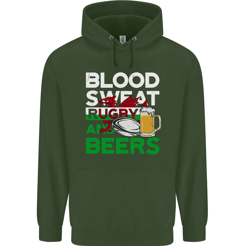 Blood Sweat Rugby and Beers Wales Funny Mens 80% Cotton Hoodie Forest Green