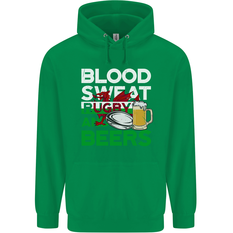 Blood Sweat Rugby and Beers Wales Funny Mens 80% Cotton Hoodie Irish Green