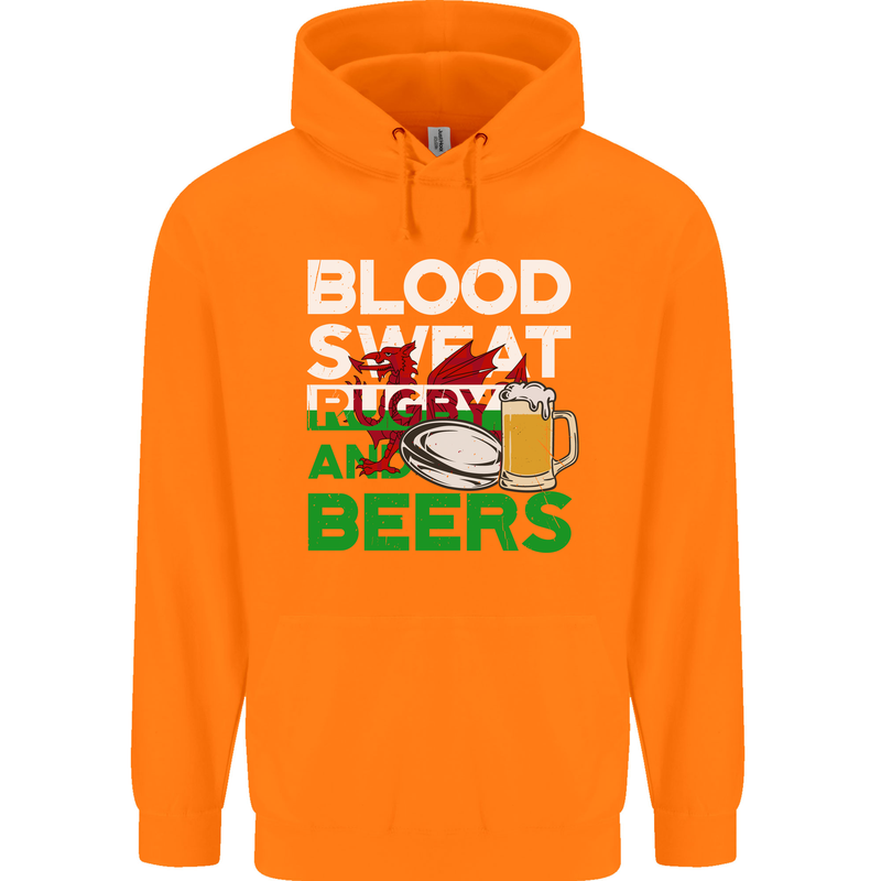 Blood Sweat Rugby and Beers Wales Funny Mens 80% Cotton Hoodie Orange
