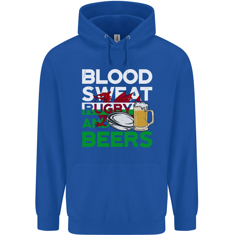 Blood Sweat Rugby and Beers Wales Funny Mens 80% Cotton Hoodie Royal Blue