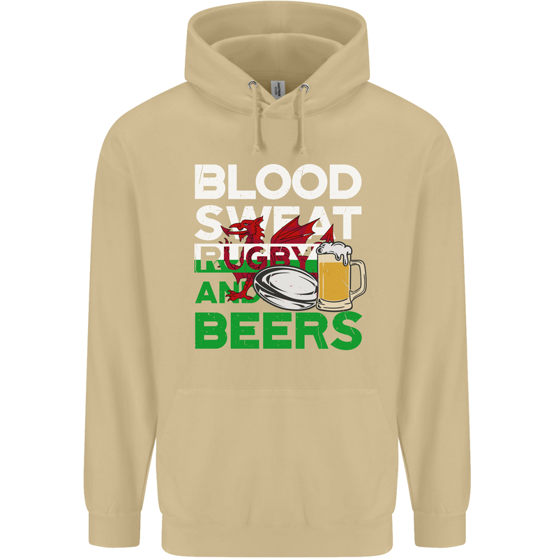 Blood Sweat Rugby and Beers Wales Funny Mens 80% Cotton Hoodie Sand