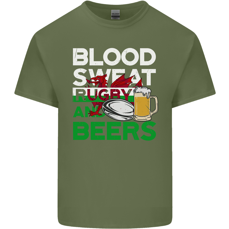 Blood Sweat Rugby and Beers Wales Funny Mens Cotton T-Shirt Tee Top Military Green