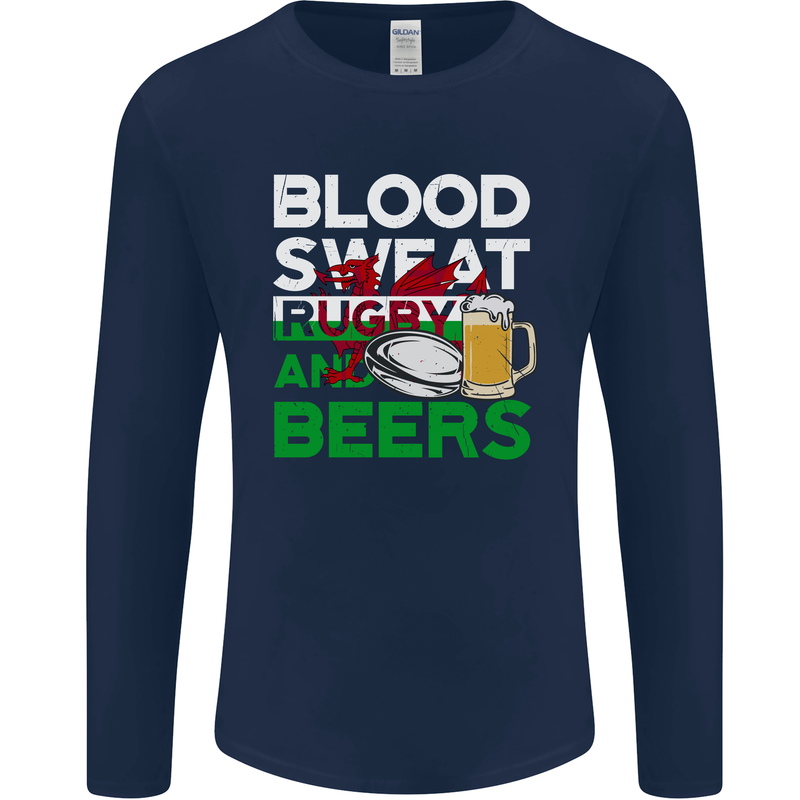 Blood Sweat Rugby and Beers Wales Funny Mens Long Sleeve T-Shirt Navy Blue