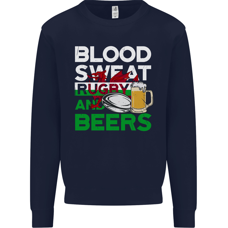Blood Sweat Rugby and Beers Wales Funny Mens Sweatshirt Jumper Navy Blue