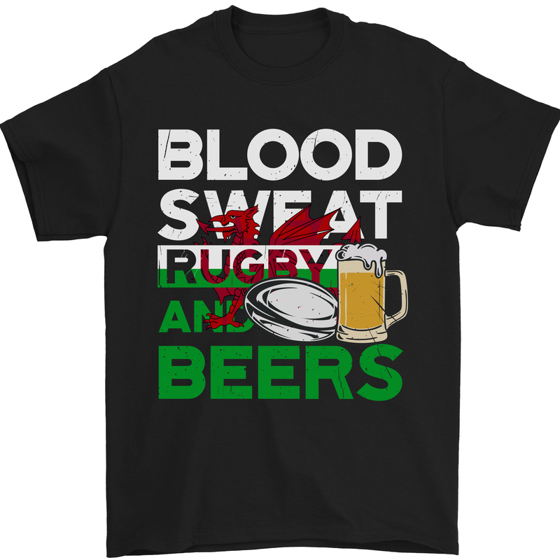 Blood Sweat Rugby and Beers Wales Funny Mens T-Shirt Cotton Gildan Black