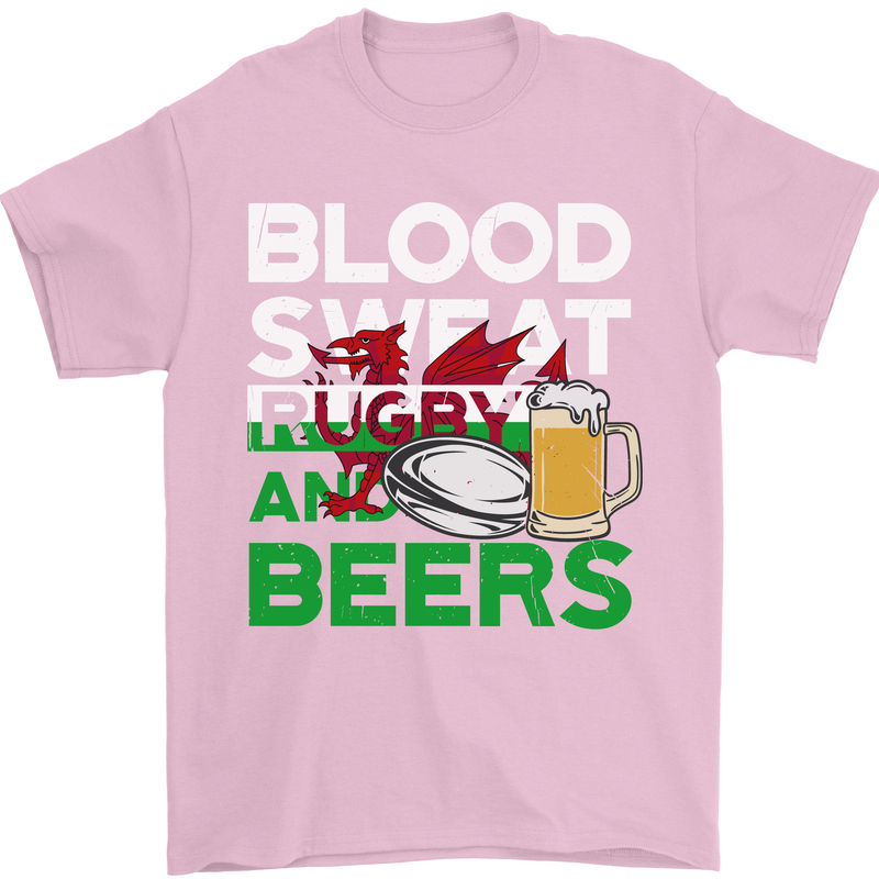 Blood Sweat Rugby and Beers Wales Funny Mens T-Shirt Cotton Gildan Light Pink