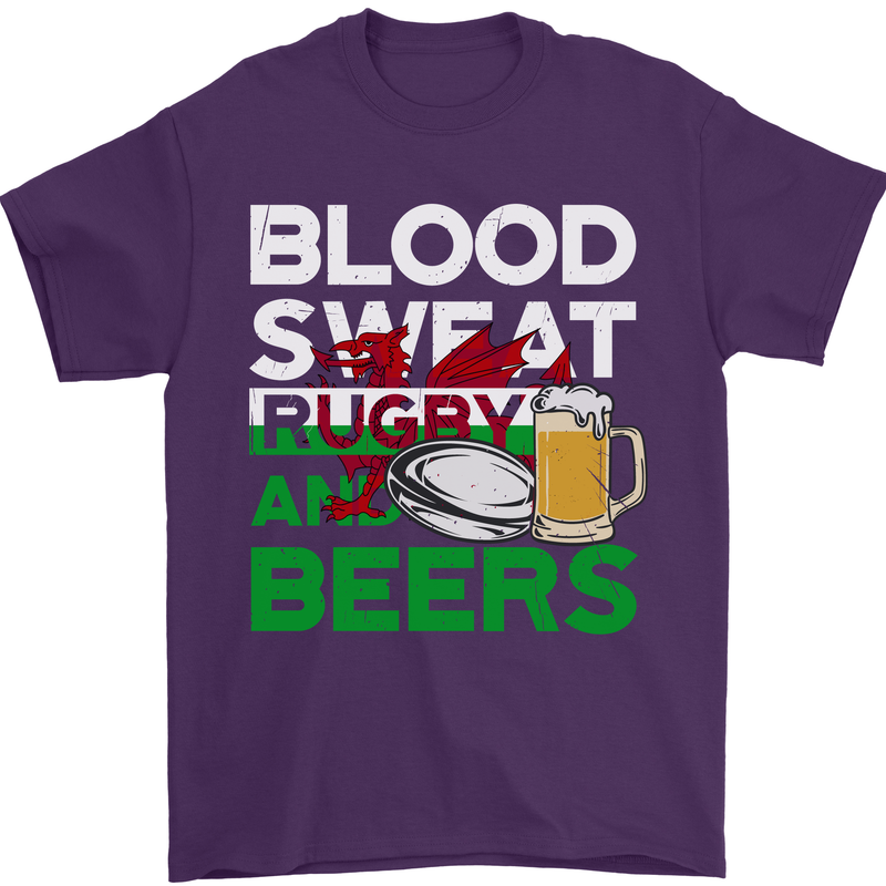 Blood Sweat Rugby and Beers Wales Funny Mens T-Shirt Cotton Gildan Purple