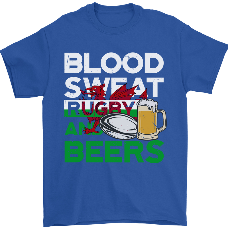 Blood Sweat Rugby and Beers Wales Funny Mens T-Shirt Cotton Gildan Royal Blue