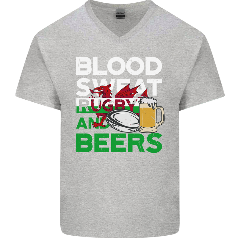 Blood Sweat Rugby and Beers Wales Funny Mens V-Neck Cotton T-Shirt Sports Grey